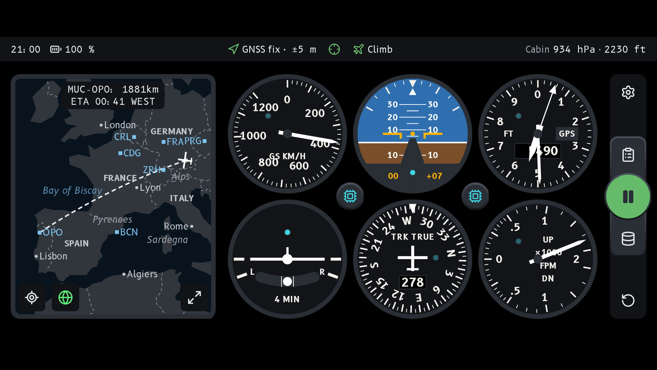 The six-pack panel in the initial climb: moving map on the left, attitude indicator showing seven degrees nose up, altimeter, vertical speed and the other instruments