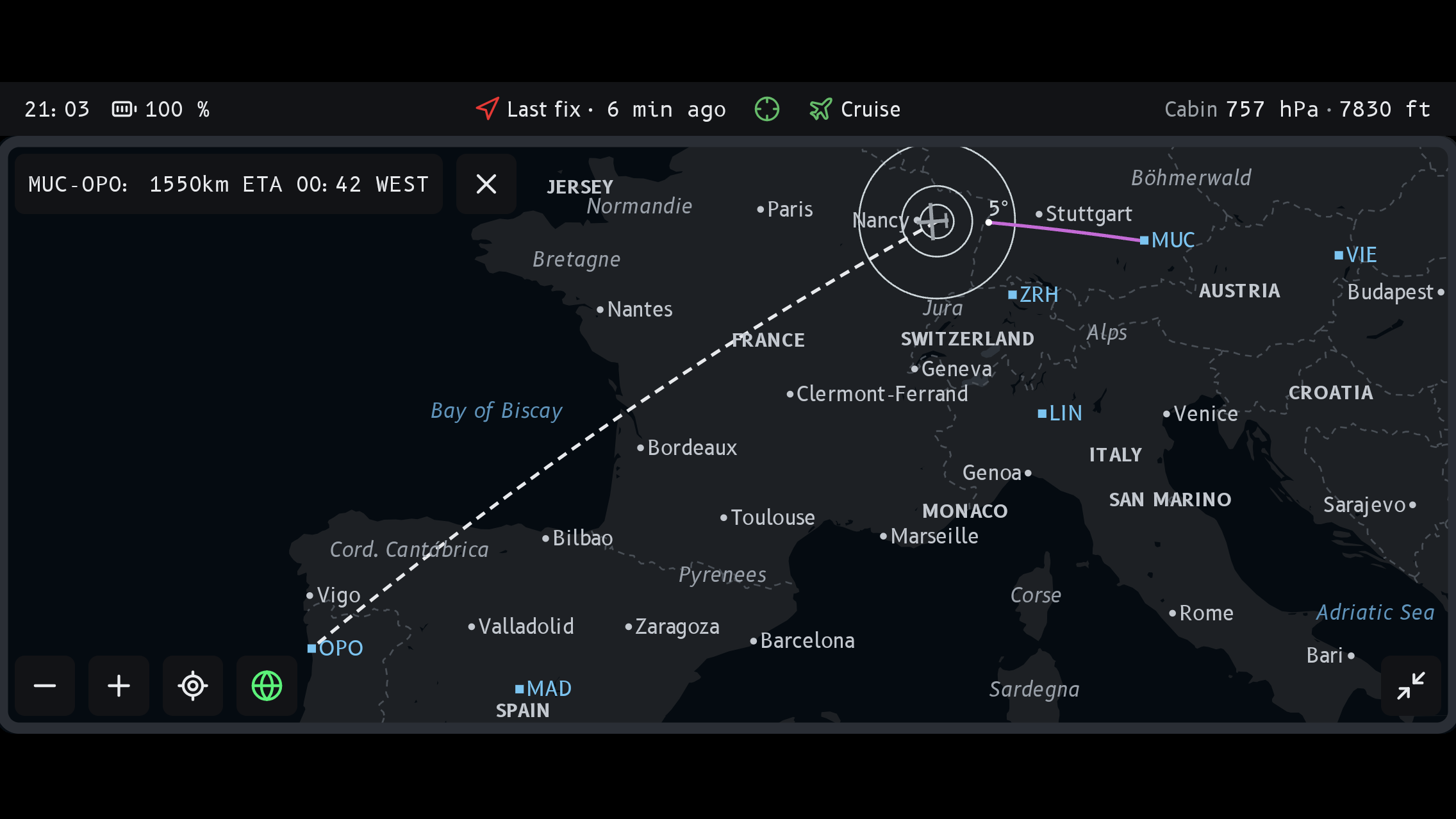 Full-screen moving map over France with the planned route to Porto, the flown track and the aircraft symbol