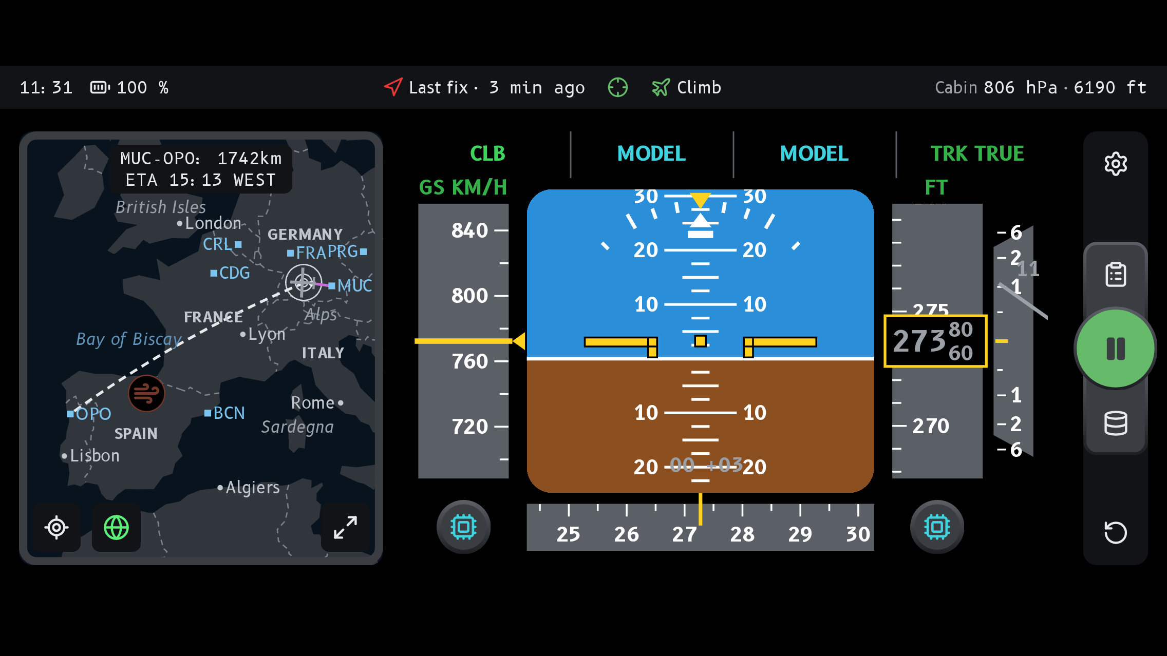 The glass skin: an airliner-style primary flight display with speed tape, attitude, altitude tape and track scale, in the climb through 27,000 ft