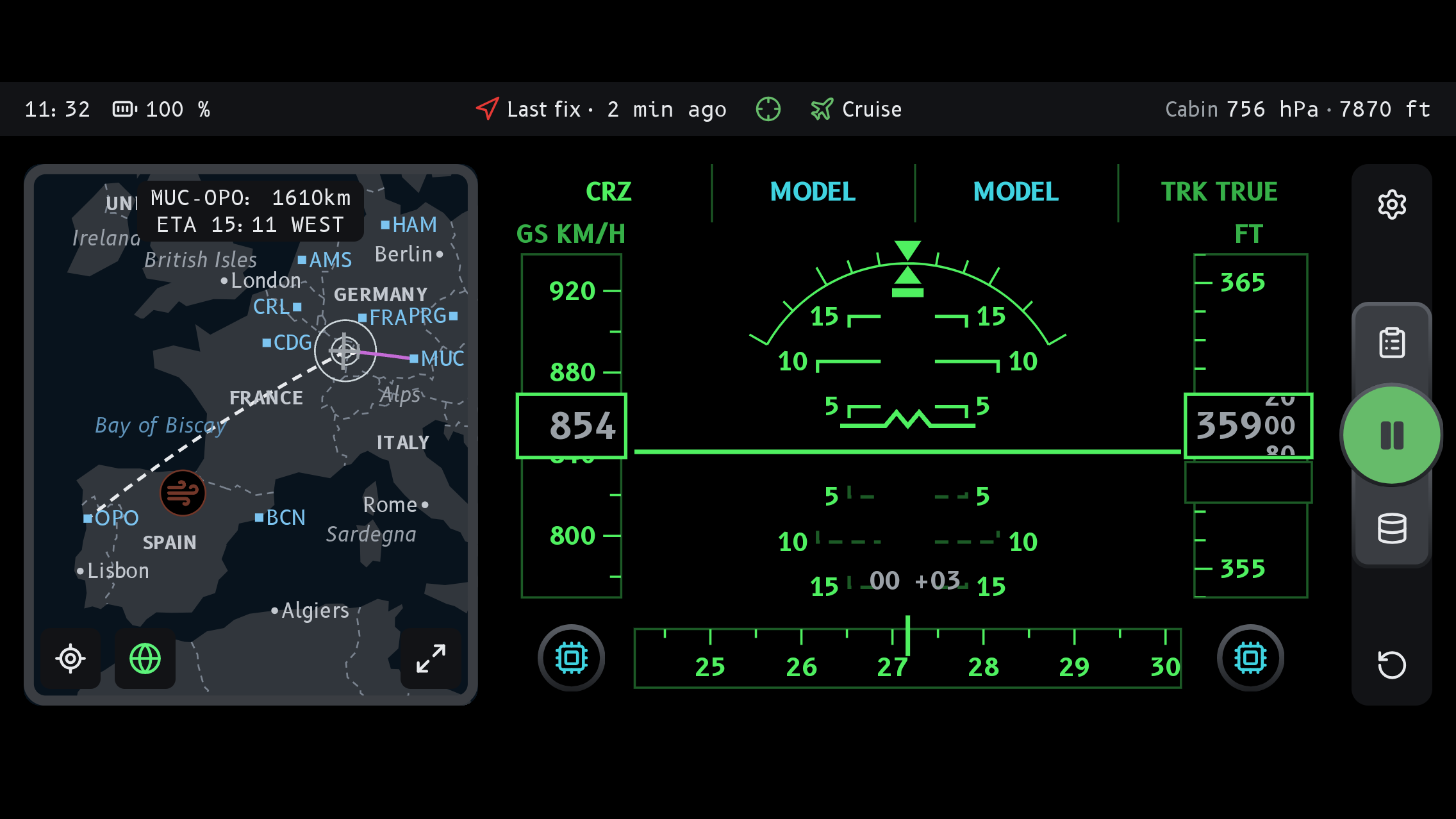 The HUD skin: a monochrome green head-up display with pitch ladder, ground speed 854 km/h and altitude 35,900 ft in the cruise